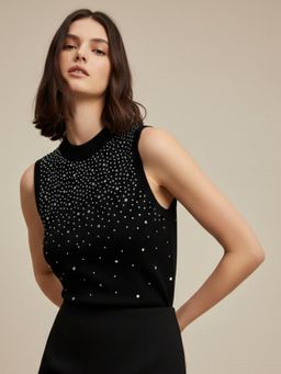 Outzidr - Black High Neck Top With Embellishments