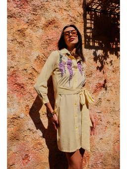 PUNEET KAPOOR LABEL - Sunny-Yellow Fluer Threadwork Shirt Dress