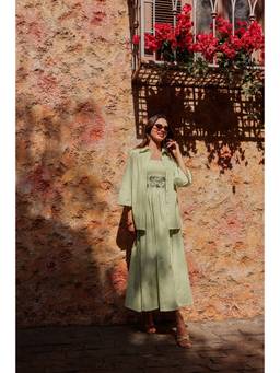 PUNEET KAPOOR LABEL - Green Gingham Threadwork Dress with Shirt