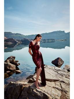 PUNEET KAPOOR LABEL - Red Metallic Lisa Drape Dress