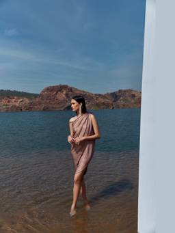 PUNEET KAPOOR LABEL - Rose Gold Pleated Cowl Dress