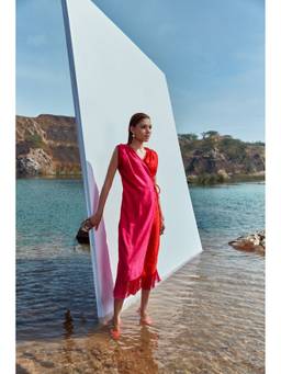 PUNEET KAPOOR LABEL - Pink Colour Block Escape Fringe Dress