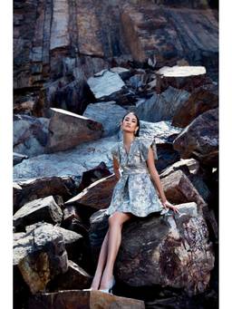 PUNEET KAPOOR LABEL - Grey Brocade Flap Structured Shoulder Dress