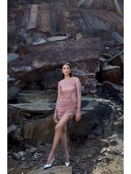 PUNEET KAPOOR LABEL - Pink Rhinestone Mini Dress