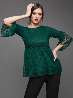 Miss Chase - Women's Forest Green Relaxed Fit Regular Laced Top