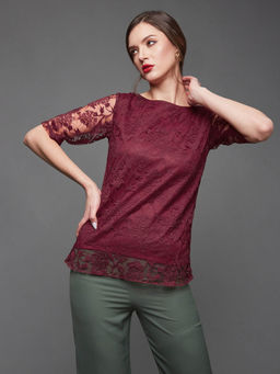 Miss Chase - Women's Maroon Relaxed Fit Regular Laced Top