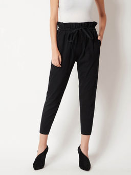 Miss Chase - Women's Black High Rise Stretchable Light Weight Denim Paper Bag Pants