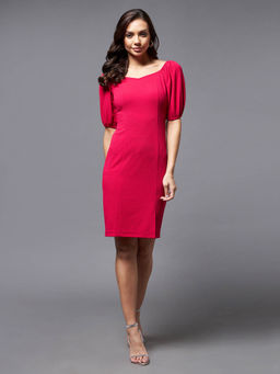 Miss Chase - Womens Mauve Solid Bodycon Sweetheart Neck Puff Sleeve Slim Fit Knee Long Dress