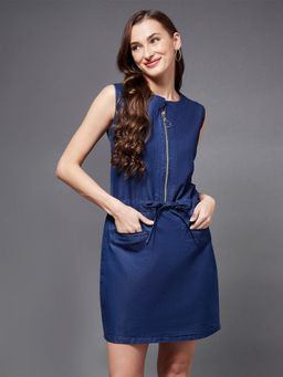 Miss Chase - Womens Navy Blue Round Neckline Sleeveless Solid Shift Above Knee Dress