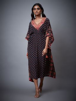 RI.Ritu Kumar - Navy Blue Navina Floral Printed & Embroidered Kaftan Dress