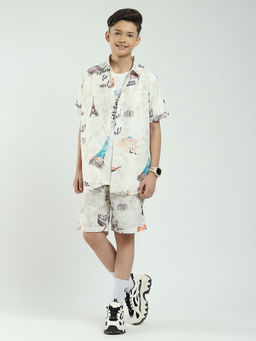 Monte Carlo - Off White Boys Printed T-shirt with Shirt and Shorts (Set of 3)