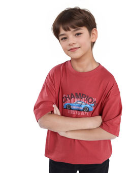 RARE ONES - Max Dusky Red Cotton Printed Oversized Fit T-shirt