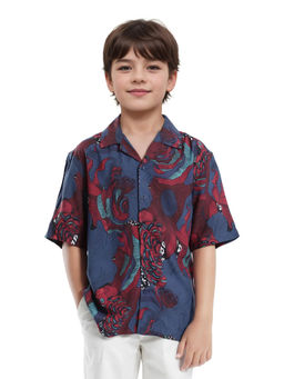 RARE ONES - Junf Blue Viscose Button Printed Regular Fit Shirt