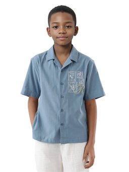 RARE ONES - Emma Dusky Blue Cotton Button Embroidered Regular Fit Shirt