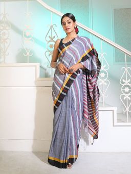 CHARUKRITI - Grey Cotton Handspun Handwoven Saree with Stripes Pattern with Unstitched Blouse
