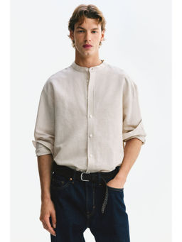 H&M - Men Beige Relaxed Fit Linen-Blend Shirt