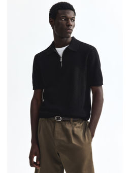 H&M - Men Black Slim Fit Textured Polo T-Shirt