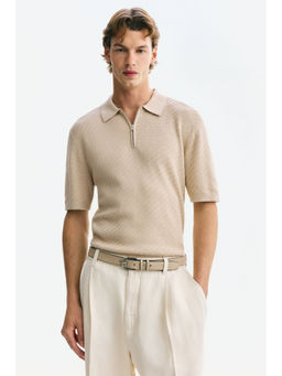 H&M - Men Beige Slim Fit Textured Polo T-Shirt