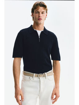 H&M - Men Blue Slim Fit Textured Polo T-Shirt