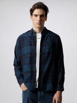 The Bear House - Men Navy Blue & Orange Checked Flannel Cotton Casual Shirt