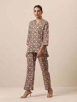 trueBrowns - Cotton Hand Block Printed Olive Green Co-Ord Set (Set of 2)