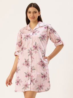 Clt.s - Women Pink Floral Long Sleeves Sleep Shirt