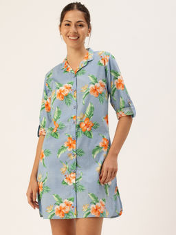 Clt.s - Women Blue Floral Long Sleeves Sleep Shirt