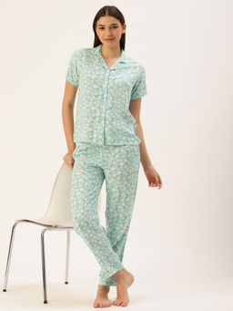 Clt.s - Women Blue Floral Shirt and Pyjama (Set of 2)