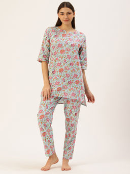 Clt.s - Women Blue Floral Kurta and Pyjama (Set of 2)