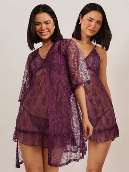 Clovia - Chic Basic Purple Self Patterned Babydoll with G-string and Robe (Set of 2)