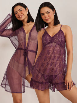 Clovia - Purple Chic Basic Sheer Robe and Babydoll with G-String (Set of 2)