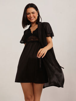 Clovia - Satin Black Solid Short Night Dress and Robe (Set of 2)