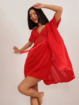 Clovia - Satin Red Solid Short Night Dress and Robe (Set of 2)