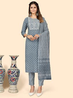 Vbuyz - Women Print & Embroidered Straight Rayon Grey Kurta Pant with Dupatta (Set of 3)