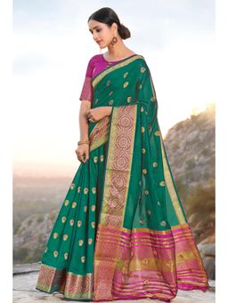 Sangam Prints - Dark Green Cotton Woven Work Traditional Saree with Unstitched Blouse