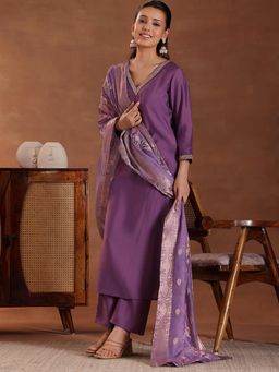 Libas - Purple Silk Blend Solid Kurta Sets for Women