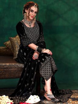 Libas - Black Velvet Embroidered Kurta Sets for Women