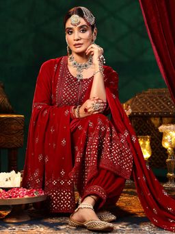 Libas - Red Velvet Embroidered Kurta Sets for Women