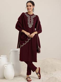 Libas - Maroon Wool Blend Yoke Design Kurta Sets for Women