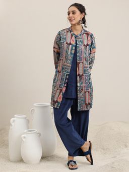 Libas - Blue Solid Sleeveless Velvet Kurta with Trouser and Jacket (Set of 3)