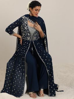 Libas - Blue Sequins Embellished Top with Palazzo and Shrug with Dupatta (Set of 4)