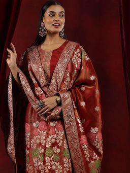 Libas Art - Rust Floral Woven Design Straight Kurta with Trouser and Dupatta (Set of 3)