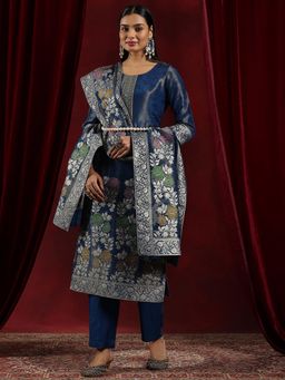 Libas Art - Blue Floral Woven Design Straight Kurta with Trouser and Dupatta (Set of 3)