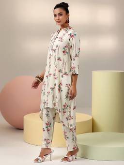 Libas - Cream Floral Printed Asymmetric Hem Long Kurta with Trouser (Set of 2)