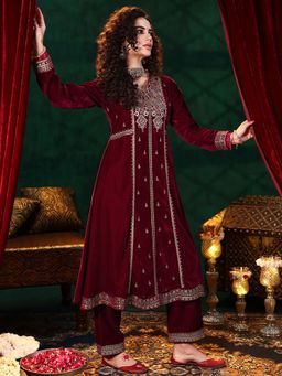 Libas - Maroon Velvet Embroidered Kurta sets for Women