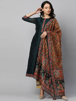 FASHOR - Printed Kurta & Dupatta with Thread Work-Emerald Green (Set of 2)
