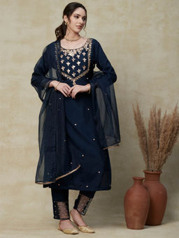 FASHOR - Embroidered Kurta with Pant & Dupatta-Navy Blue (Set of 3)