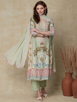 FASHOR - Floral Embroidered Kurta with Pant & Dupatta-Green (Set of 3)