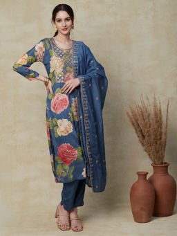 FASHOR - Floral Printed Kurta with Pant & Dupatta-Teal (Set of 3)