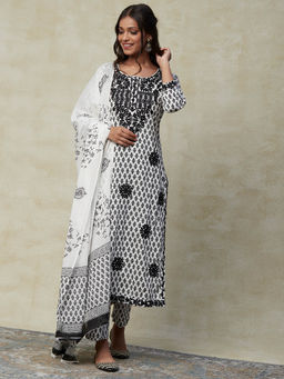 FASHOR - Block Printed Kurta with Pant & Dupatta-White & Black (Set of 3)